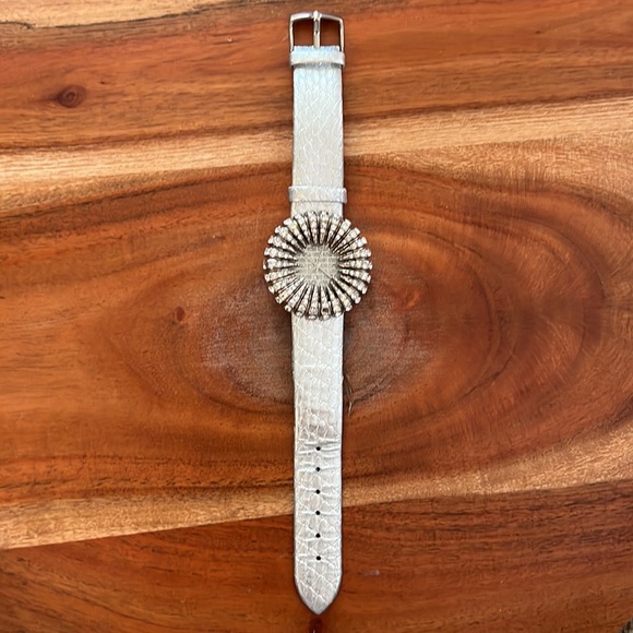 CACHE RHINESTONE STARBURST DIAL WATCH WITH GENUINE LEATHER BAND - Picture 4 of 9